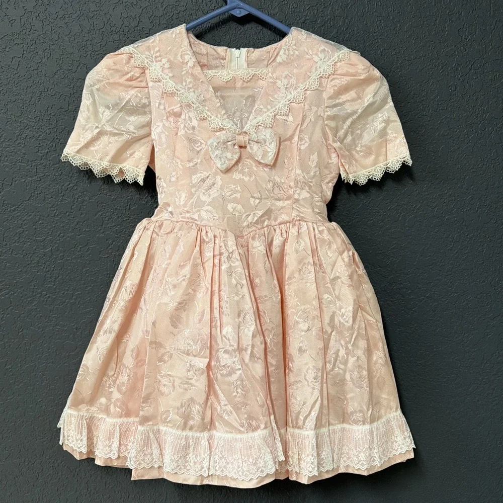 Vintage Handmade Toddler Girls Pink Floral Lace Party Dress Pageant Holiday‎